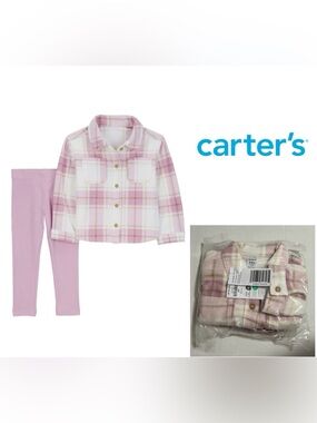 🆕CARTER’S - 24M - NWT - INFANT GIRLS 2PC PINK PLAID BUTTON UP FLEECE SHACKET SET